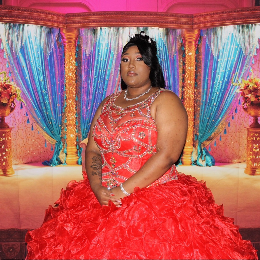 PromGirl Red Embellished Ruffled Tiered Gown